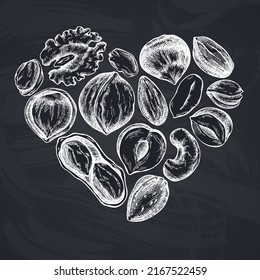 Heart design with chalk cashew, peanut, pistachio, etc.