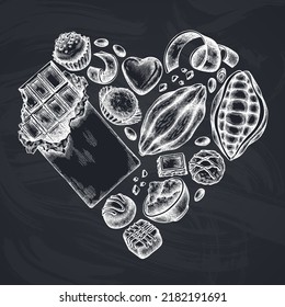 Heart design with chalk cocoa beans, cocoa, chocolate, chocolate candies