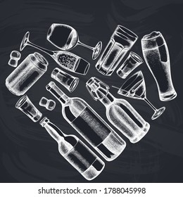 Heart design with chalk glass, champagne, mug of beer, alcohol shot, bottles of beer, bottle of wine, glass of champagne, glass of wine, glass of martini, aluminum can