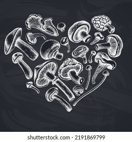 Heart design with chalk oyster mushroom, champignon, honey agaric, etc.