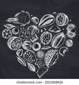 Heart design with chalk papaya, guava, passion fruit, starfruit, durian, rambutan, pitaya, jackfruit, sugar-apple, soursop, mangosteen