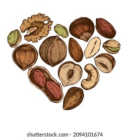 Heart design with colored cashew, peanut, pistachio, hazelnut, almond, walnut