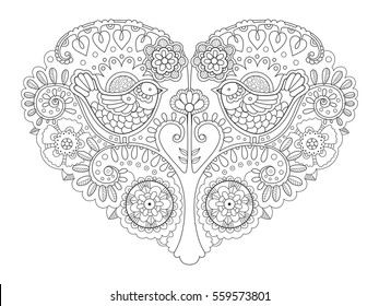 Heart design coloring book vector illustration. Anti-stress coloring for adult. Tattoo stencil. Black and white lines. Lace pattern