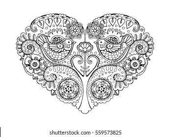 Heart design coloring book vector illustration. Anti-stress coloring for adult. Tattoo stencil. Black and white lines. Lace pattern