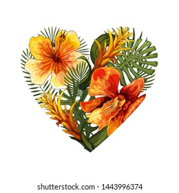 Heart design element of bright green exotic tropical jungle orchid flowers, rainforest palm and monstera leaves. Love feelings sign symbol object element isolated on white background.