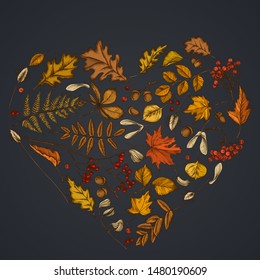 Heart design on dark background with rowan, rowan, acorn, buckeye, fern, maple, birch, maple leaves, lagurus
