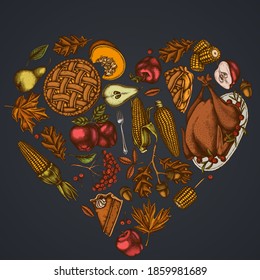 Herzdesign auf dunklem Hintergrund mit Kürbis, Gabel, Messer, Birnen, Truthahn, Kürbiskuchen, Apfelkuchen, Mais, Äpfeln, Rasen, Apfel, Eiche