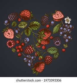 Heart design on dark background with strawberry, blueberry, red currant, raspberry, blackberry