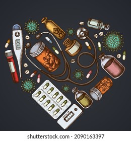 Diseño cardíaco sobre fondo oscuro con vial de sangre, pastillas y medicamentos, termómetro médico, prueba rápida de coronavirus, célula bacteriana del coronavirus, estetoscopio, jeringa, vacuna