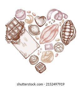 Heart design with pastel cocoa beans, cocoa, chocolate, chocolate candies