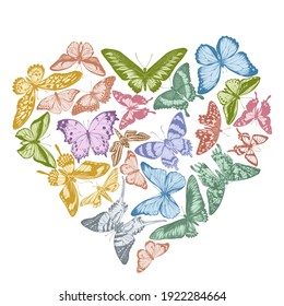 Heart design with pastel octauius swordtail, great orange-tip, emerald swallowtail, plain tiger, rajah brooke s birdwing, papilio torquatus, swallowtail butterfly