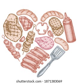 Heart design with pastel spatula, Pork ribs, kebab, sausages, steak, sauce bottles, grilled burger patties, grilled tomato, grilled salmon steak, grilled bell pepper
