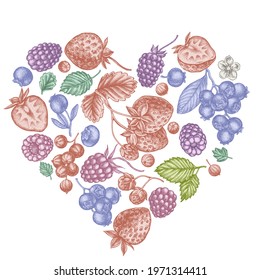 Heart design with pastel strawberry, blueberry, red currant, raspberry, blackberry