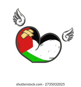 A heart design patterned with the Palestinian flag, featuring small wings and a heart full of wounds, symbolizing the struggle of the Palestinian people to break free from the trials of life and fly freely.
