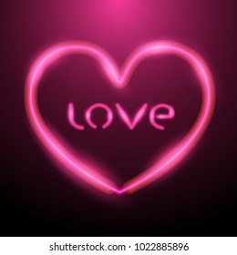 Heart design with pink neon light and letter love inside. Valentine's day greeting card. Vector illustration