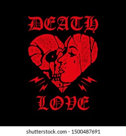 Heart design with skull and woman face silhouette. Printing for t-shirts, stickers and more. Vector.