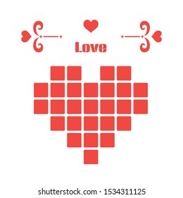 Heart design from squares with a patterned inscription love. Heart design for cover in red color isolated on white background. Vector illustration eps10