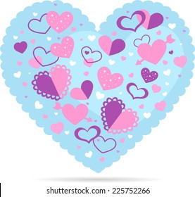 Heart design vector illustration, with many hearts in different sizes, shapes and textures inside.