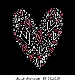 Heart design with xo and love text typography. White and pink romantic objects arranged in a large shape on a black background.