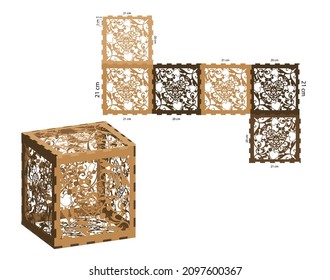 Heart detailed box. Ethnic decorative elements. Box laser cut template. Jewellery box digital template vector laser files. Laser pattern vector files for laser cut. Gift box template.