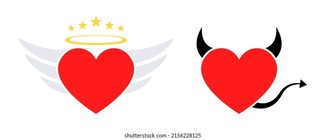 Heart with devil and angel. Symbol good and evil. Heart with wings, tail, horns. Vector 10 EPS.