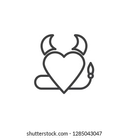 Heart with devil horns and a tail line icon. linear style sign for mobile concept and web design. Devil heart outline vector icon. Symbol, logo illustration. Pixel perfect vector graphics