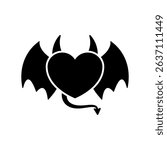 Heart with devil horns, tail and wings. Vector illustration and black silhouette.