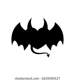 Heart with devil horns, tail and wings. Vector illustration and black silhouette.