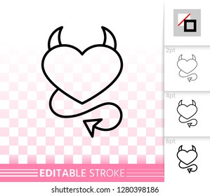 Heart devil thin line icon. Outline web sign of love. Fun linear pictogram with different stroke width. Simple vector symbol, transparent background. February 14 card editable stroke icon without fill
