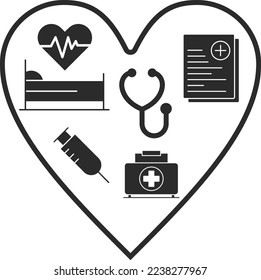 Herzdiagnosesymbol, Kardiogramm-Analyse-Symbol, schwarzer Vektorgrafik