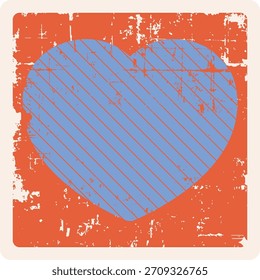 Heart with diagonal hatch on worn square, rough texture and rounded corners. Distressed badge with stripe pattern and scuffed surface, retro stamp look. Cartoon vector illustration