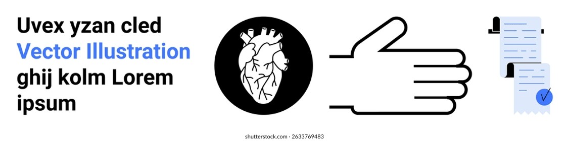 Heart diagram in circle, hand gesture, documents with checkmark. Ideal for medical, anatomy, communication, approval process, business, healthcare, education Landing page