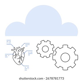 Heart diagram with data points next to two cogs below a cloud. Ideal for healthcare, technology, innovation, data analysis, cloud computing, medical science, engineering. Line metaphor