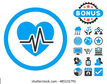 Heart Diagram icon with bonus elements. Vector illustration style is flat iconic bicolor symbols, blue and gray colors, white background.