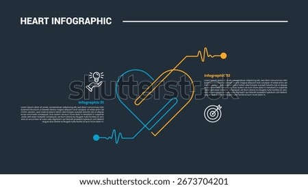 Heart diagram infographic process diagram with big hear with line combination on opposite direction with dark background bright outline style 2 points vector