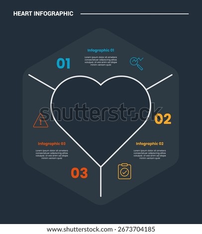 Heart diagram infographic process diagram with hexagon box container transparent with dark background bright outline style 3 points vector