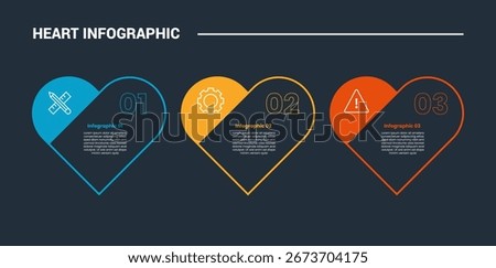 Heart diagram infographic process diagram with simple heart with badge on top with dark background bright outline style 3 points vector