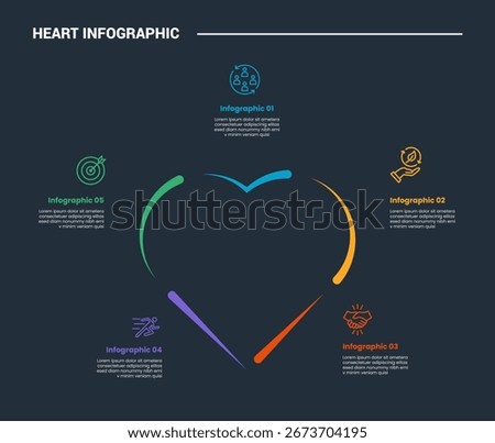 Heart diagram infographic process diagram with wave line on circular cycle with content spreading with dark background bright outline style 5 points vector