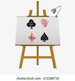 Heart, Diamond, Spade, Club. Deck of cards. Card suits. Hand drawn on easel. Vector stock illustration
