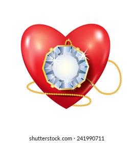 Heart with diamond. Vector background. Red. 3D.