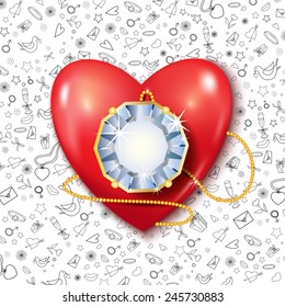 Heart with diamond. Vector background. Red. 3D.