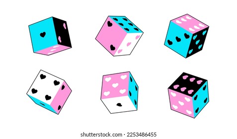 Heart dice icons set in trendy y2k neon retro design. Valentine's day concept in 90s, 00s aesthetic. Vector sign isolated on white background. 