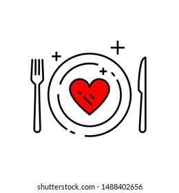 Heart Diet Icon. Conceptual Eat Healthy Food Sign. Wellness Meal Plan Symbol With Plate, Knife And Fork. Line Icon Vector Illustration.