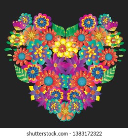 heart of different colors and branches on black background