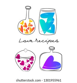 Heart of different colors in glass vessels. The concept of love recipe. Elements for Valentine's day. Magic love elixir. Postcard, badge, poster