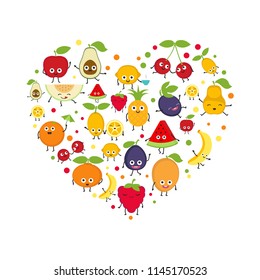 Heart with different fruit icons. Background with cute cartoon smiling fruits . Design card.