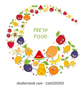 Heart with different fruit icons. Background with cute cartoon smiling fruits . Design card.