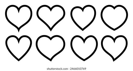 Heart different shape black line icon set. Love, valentine day, cardio health, wedding, 14 february, romantic symbol. Outline silhouette logo design element isolated on white. Web button holiday sign