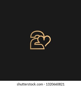 Heart in digit 2. Beautiful vector love logo. The symbol of the union, passion and tender. Golden color on black background. 