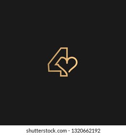 Heart in digit 4. Beautiful vector love logo. The symbol of the union, passion and tender. Golden color on black background. 